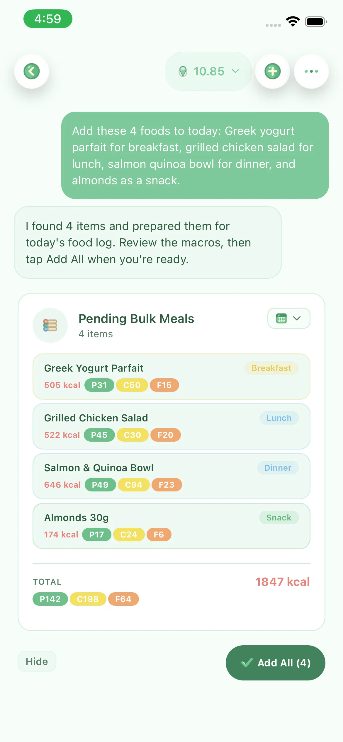 FittyUp food review showing four foods before logging